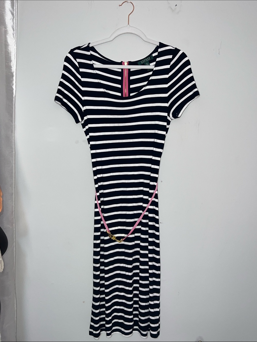 LAUREN RALPH LAUREN Stripe Navy and White Short Sleeve Midi Dress Pink Trim Belt